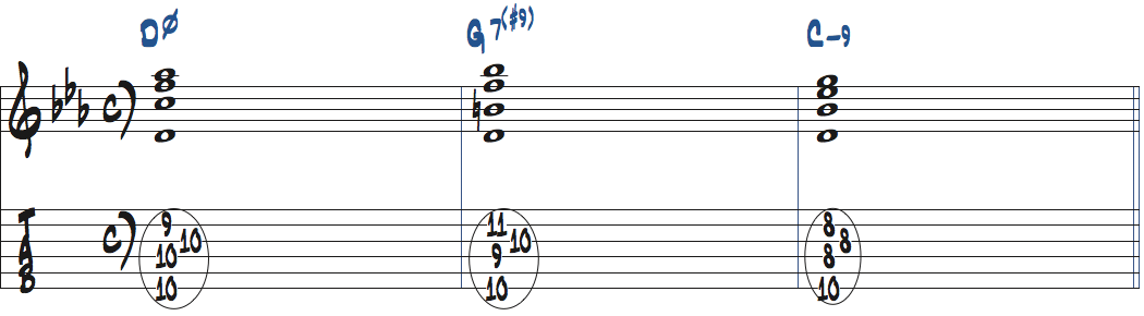 7(#9)コードをDm7(b5)9-G7(#9)-Cm9で使った楽譜