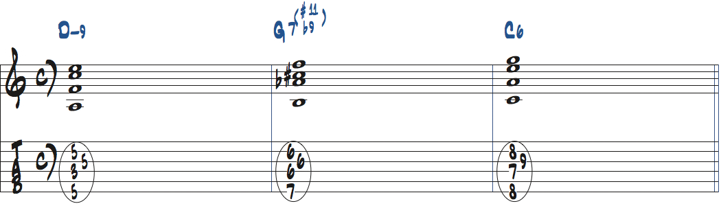 7(b9,#11)コードをDm9-G7(b9,#11)-C6で使った楽譜