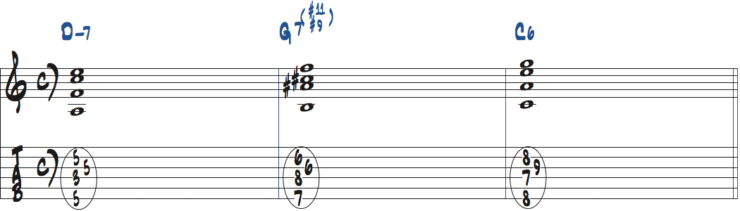 7(#9,#11)コードをDm9-G7(#9,#11)-C6で使った楽譜