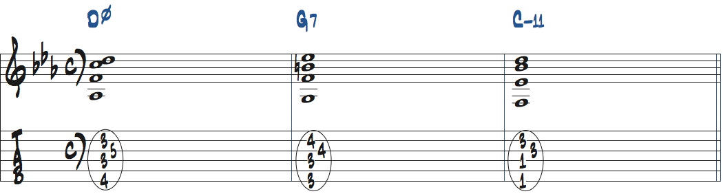 m11コードをDm7(b5)-G7-Cm11で使った楽譜